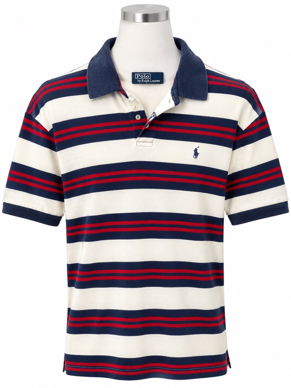 Vintage Polo Ralph Lauren Striped Polo Shirt Large Off White Navy Red Pony 90s